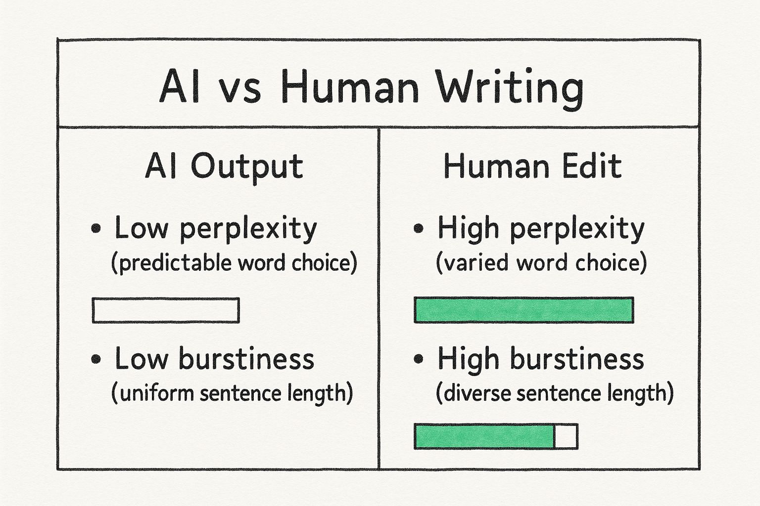 Infographic comparing AI writing traits like low perplexity and burstiness with human writing traits like high perplexity and burstiness.