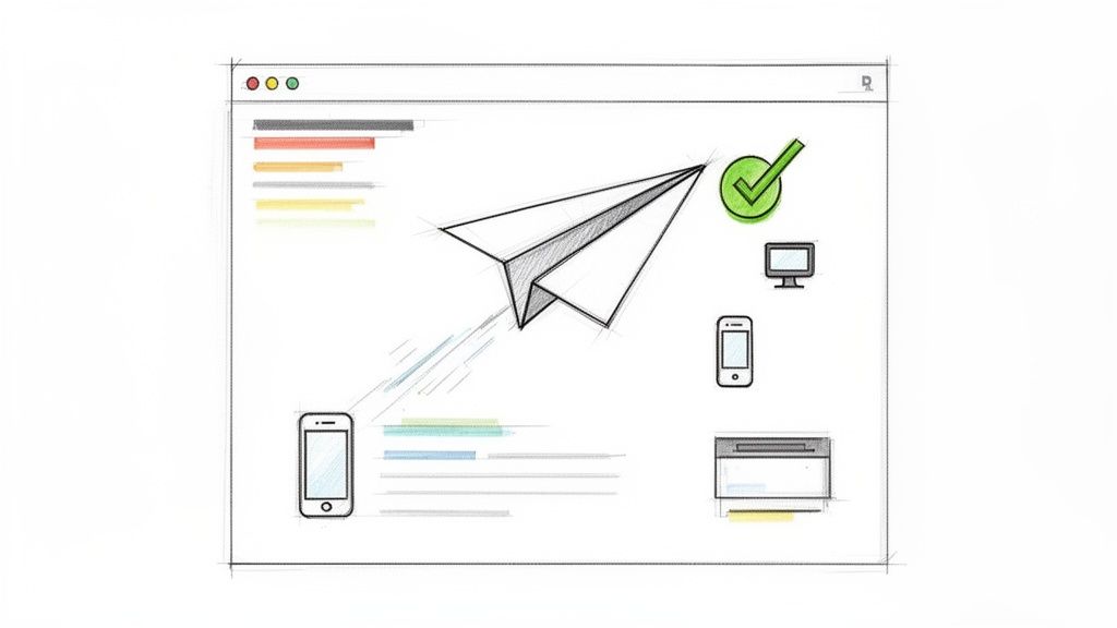Hand-drawn illustration of digital communication with a paper airplane, green checkmark, and technology devices within a browser window.