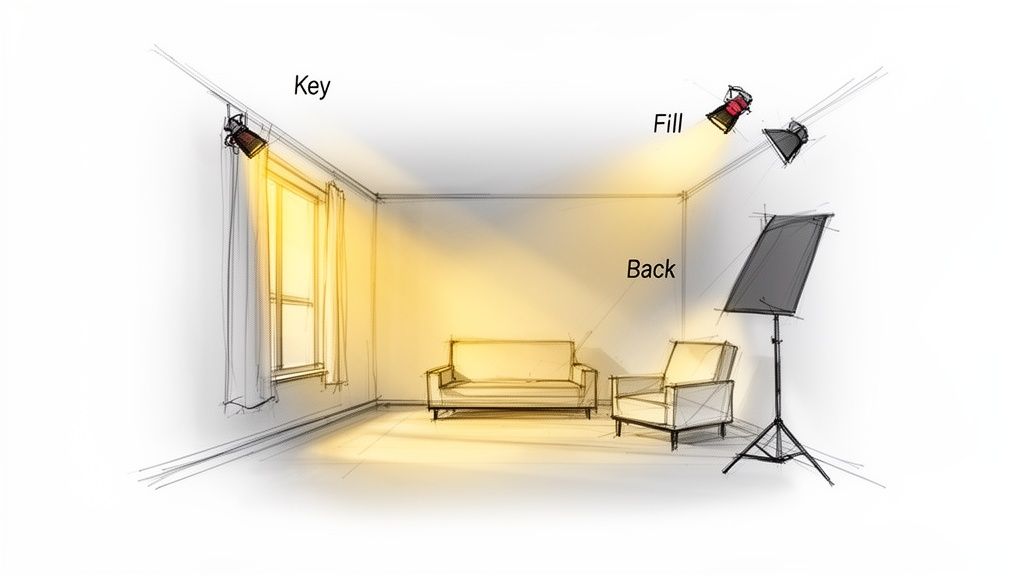 Diagram illustrating a 3-point lighting setup in a room with a sofa and armchair.
