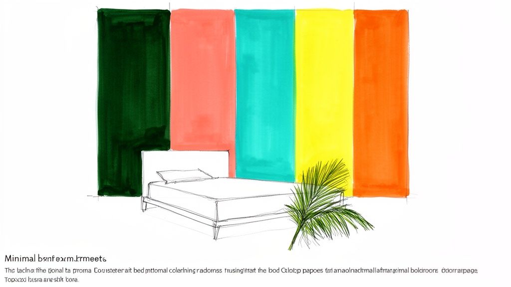 A minimalist bedroom sketch featuring a bed and a palm frond against vibrant colorful wall panels.