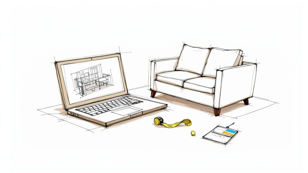 Illustration of interior design tools: laptop showing a floor plan, sofa, measuring tape, and tablet.