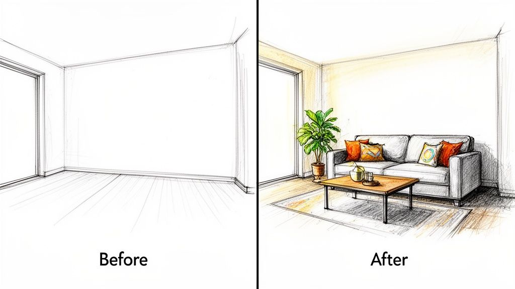 Before and after images showing an empty room transformed into a furnished living space.