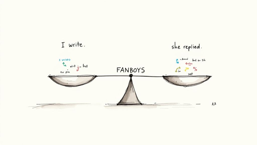 A balanced scale, symbolizing how a compound sentence gives equal weight to two related ideas.