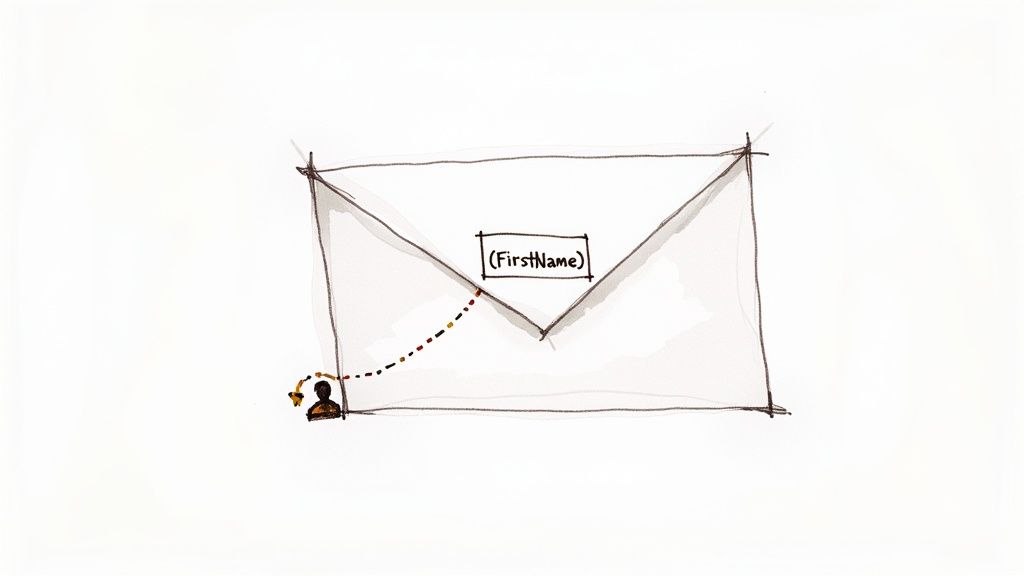 Hand-drawn envelope with a user icon connected by a dotted line to a 'FirstName' tag, illustrating email personalization.