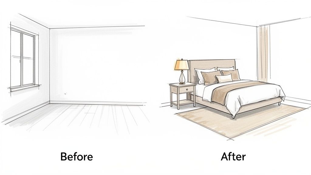 A drawing comparing an empty room before and a furnished bedroom after staging.