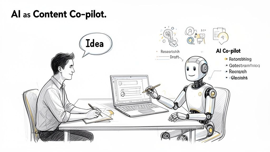 A man and an AI robot collaborate on content creation at a desk, with the robot as a co-pilot.