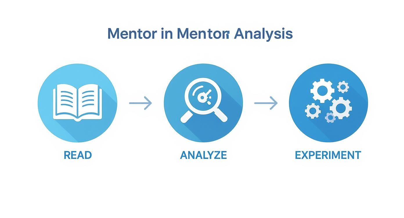 A three-step process diagram illustrating reading, analysis, and experimentation for mentor analysis.