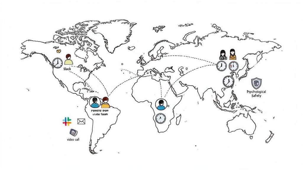 A world map illustrating global remote teams, communication tools, different time zones, and psychological safety.