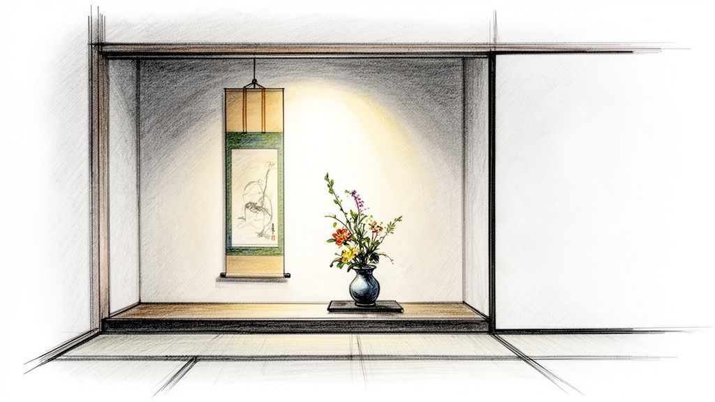 Colorful sketch of a serene Japanese interior with ikebana flower arrangement and hanging scroll.