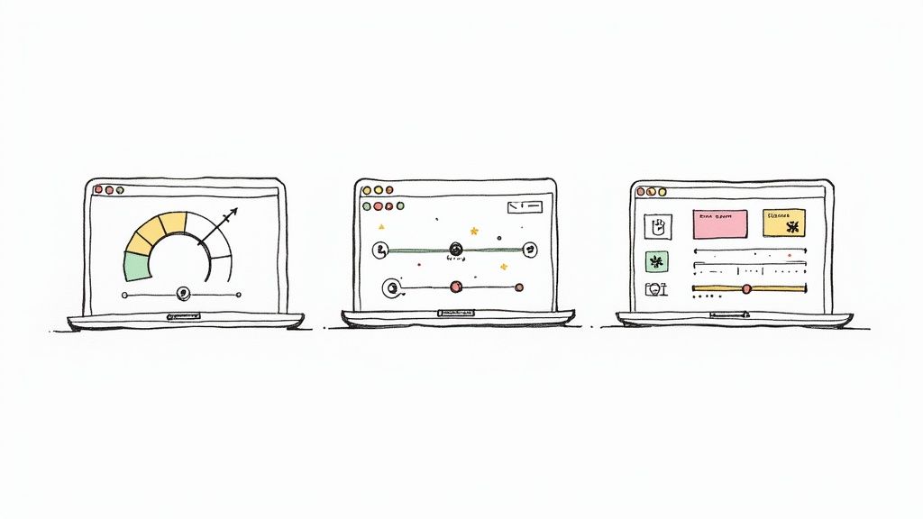 Three laptop screens showing different virtual home staging software interfaces with editing tools and design elements