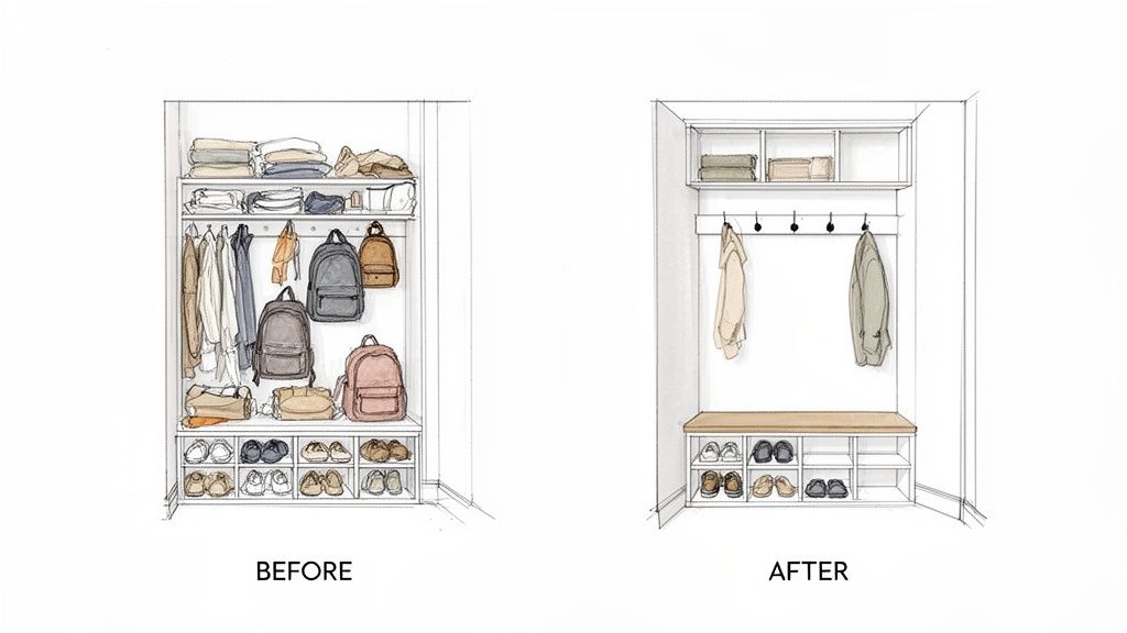 Comparison of a cluttered closet before and after its transformation into an organized mudroom space.