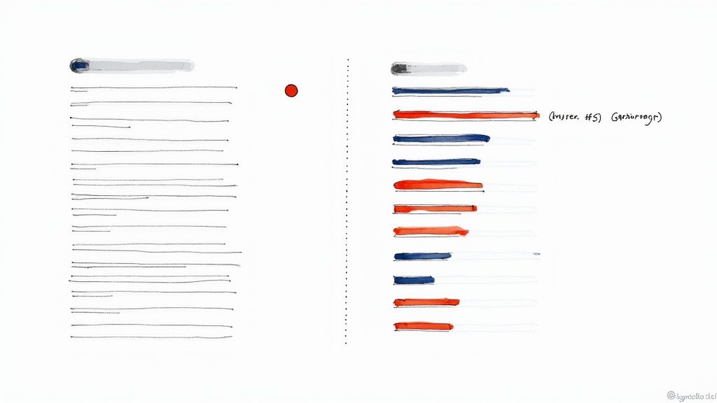 Hand-drawn illustration shows text lines on the left and colored bars with notes on the right.