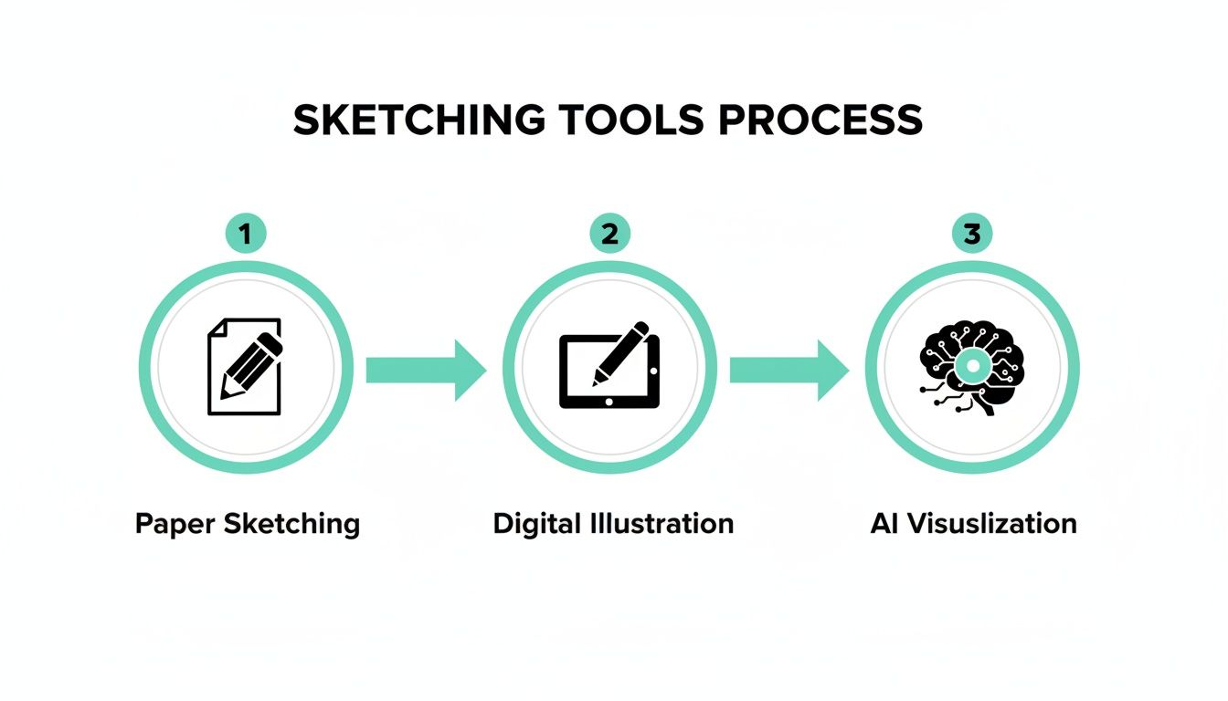 A three-step process for sketching tools, showing paper sketching, digital illustration, and AI visualization.