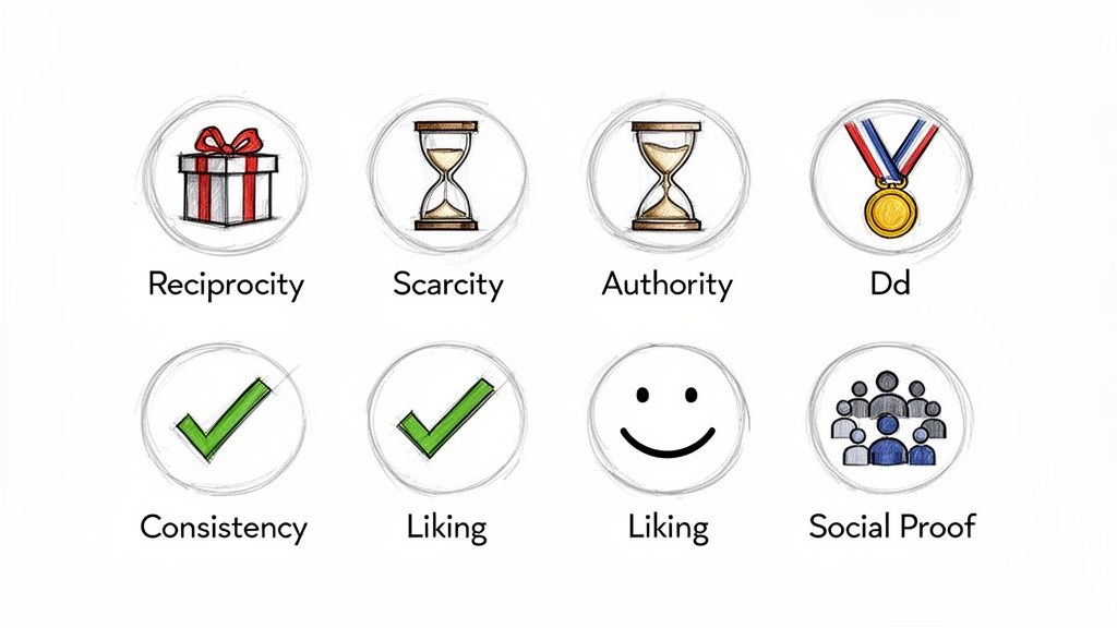Eight icons depicting principles of persuasion: reciprocity, scarcity, authority, consistency, liking, and social proof.