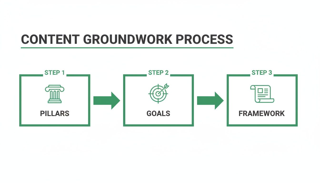 A three-step flowchart illustrating the content groundwork process with pillars, goals, and framework.