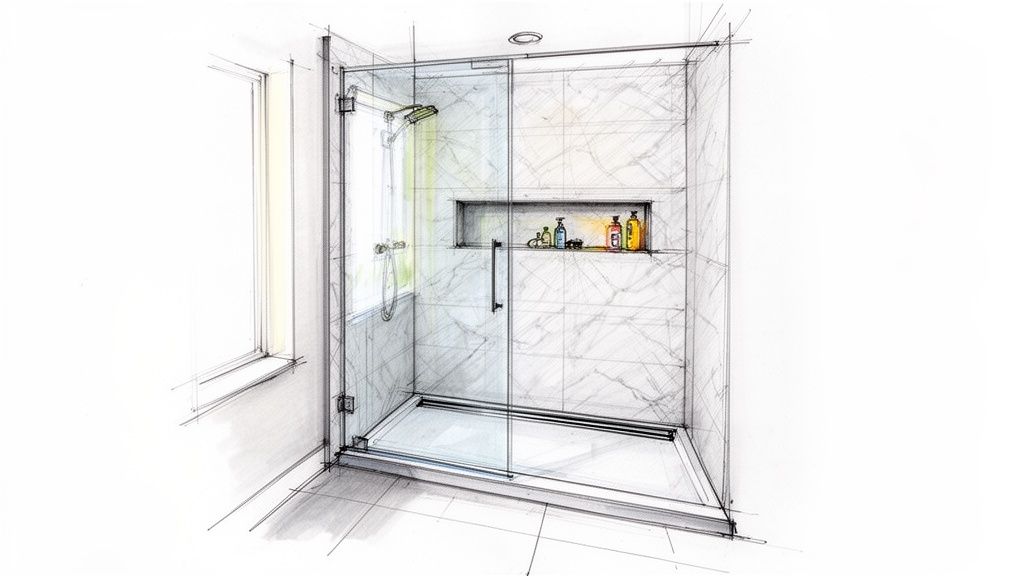 A detailed sketch of a modern, walk-in shower with glass walls, marble tiles, and a niche.