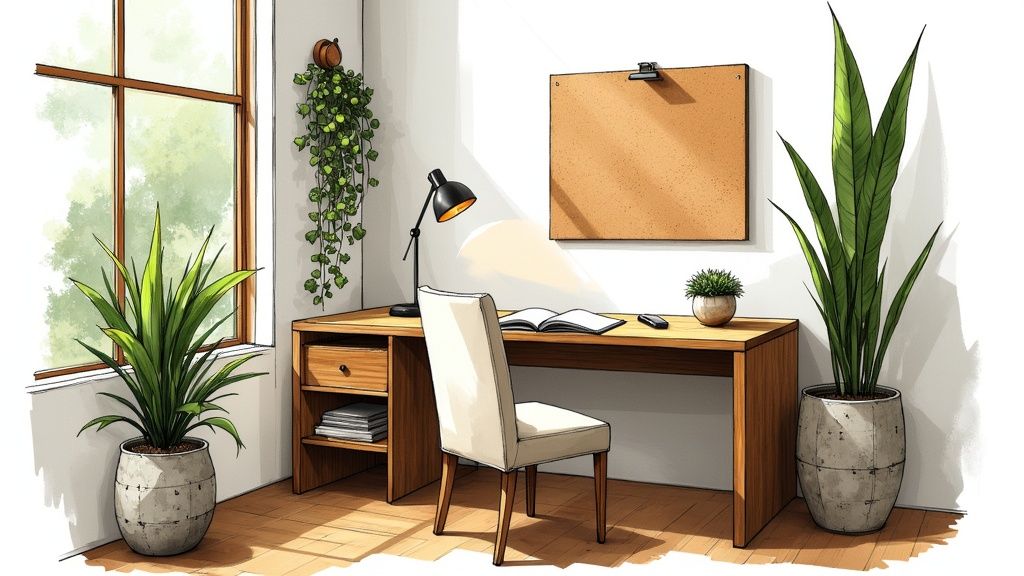 A bright, inviting home office or study room with a wooden desk, plants, and a window.
