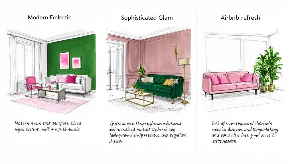Three hand-drawn living room sketches: Modern Eclectic, Sophisticated Glam, and Airbnb refresh, featuring pink and green.
