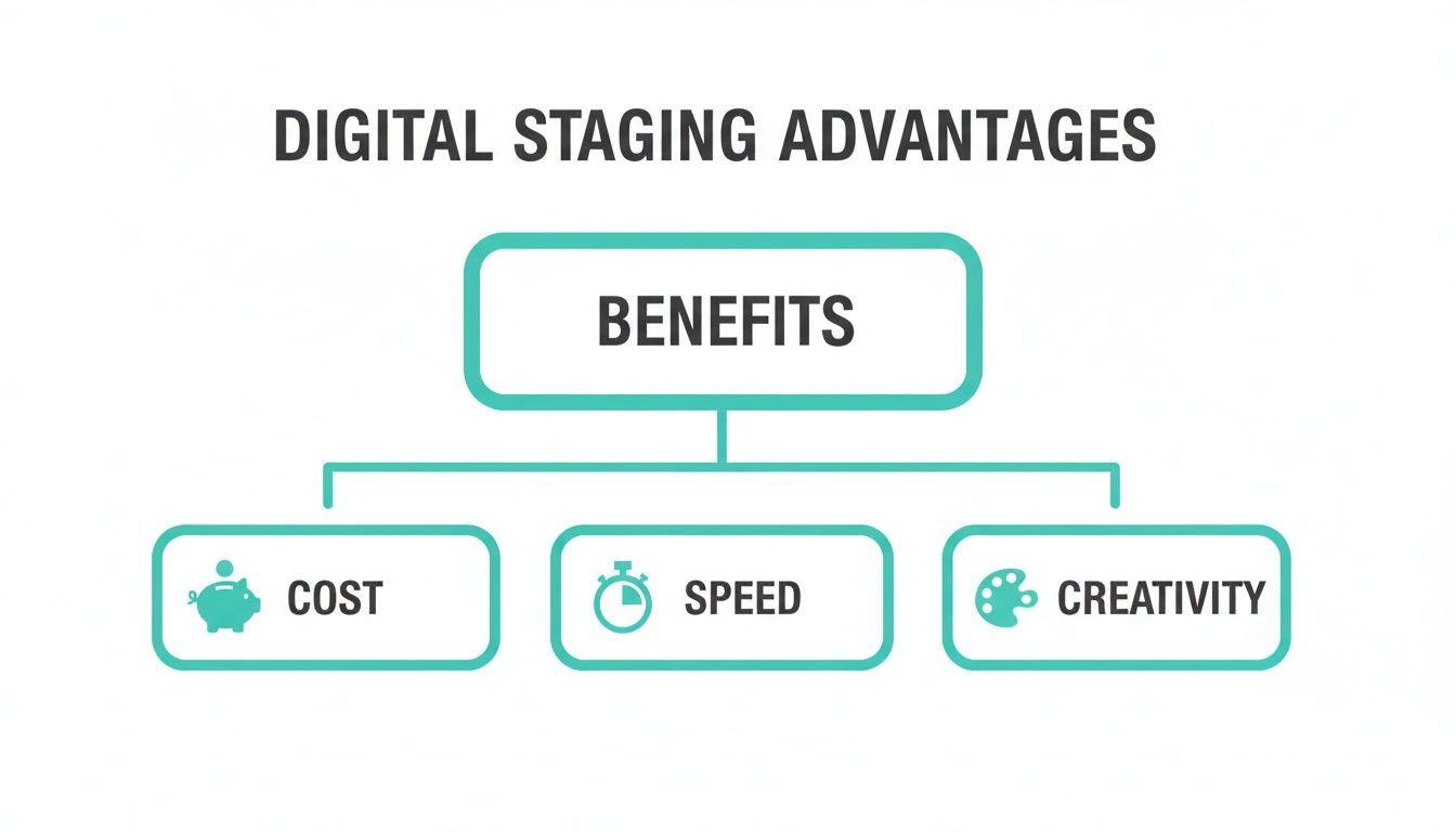 A diagram illustrating the benefits of digital staging, including cost, speed, and creativity.