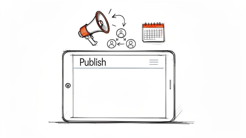 Illustration of content publishing: a tablet displays 'Publish', next to a megaphone, a network, and a calendar.