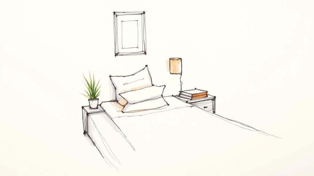 A hand-drawn sketch of a cozy, minimalist bedroom with a bed, two nightstands, plant, lamp, and framed picture.