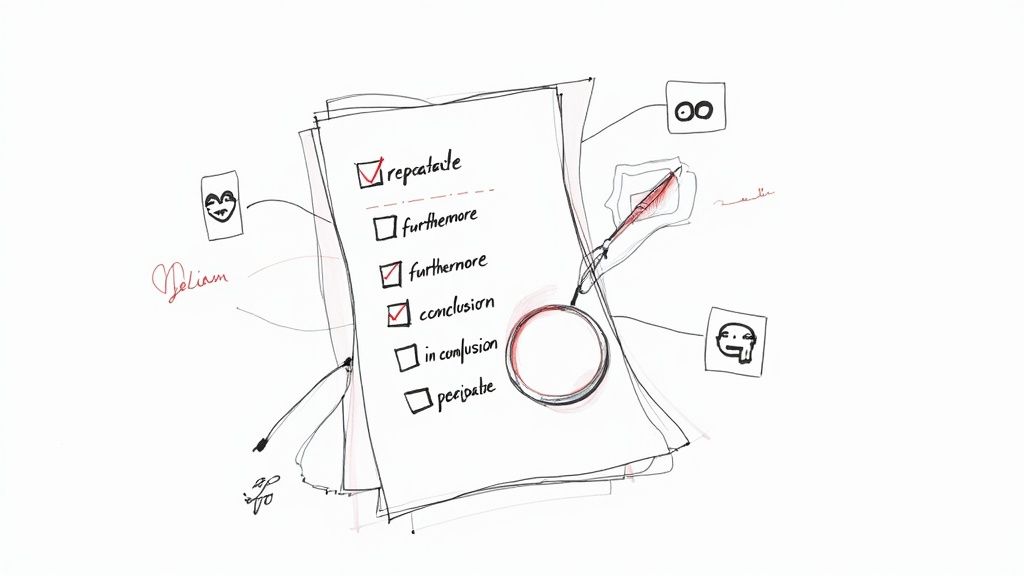 A hand-drawn sketch of a checklist on paper with items like 'repeatable' and 'conclusion' marked, suggesting a review.