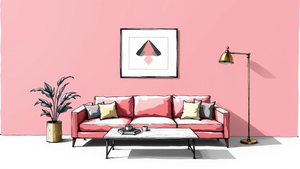 A vibrant pink living room features a comfortable sofa, marble coffee table, abstract art, and plant.