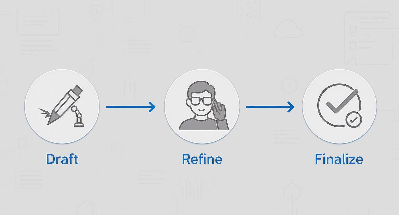 Infographic showing a three-step process: Draft (pencil), Refine (person), and Finalize (checkmark).