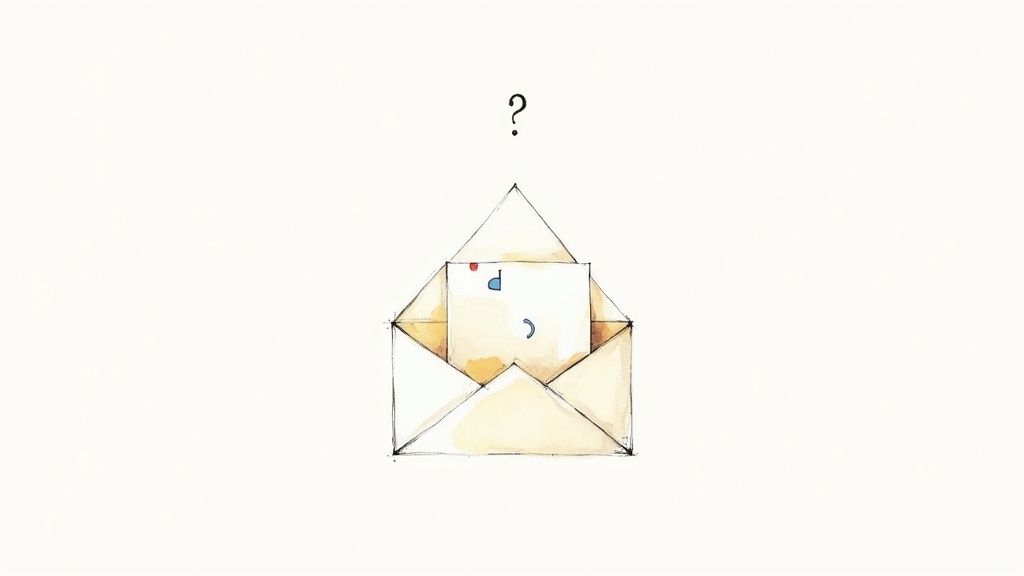 A watercolor illustration of an open envelope with a mysterious letter and a question mark.