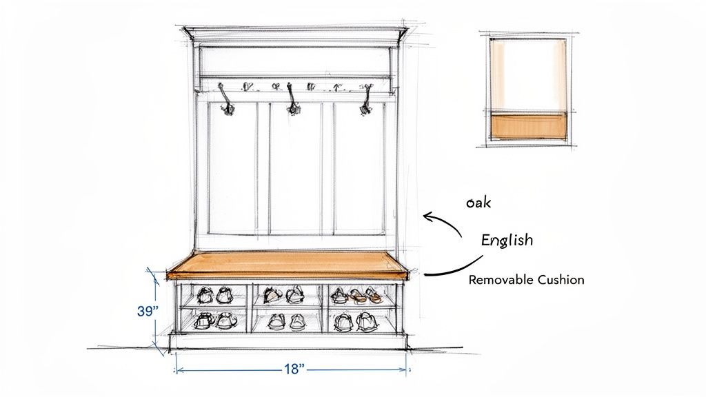 A detailed sketch of a mudroom bench with shoe storage, coat hooks, a removable cushion, and oak accents.