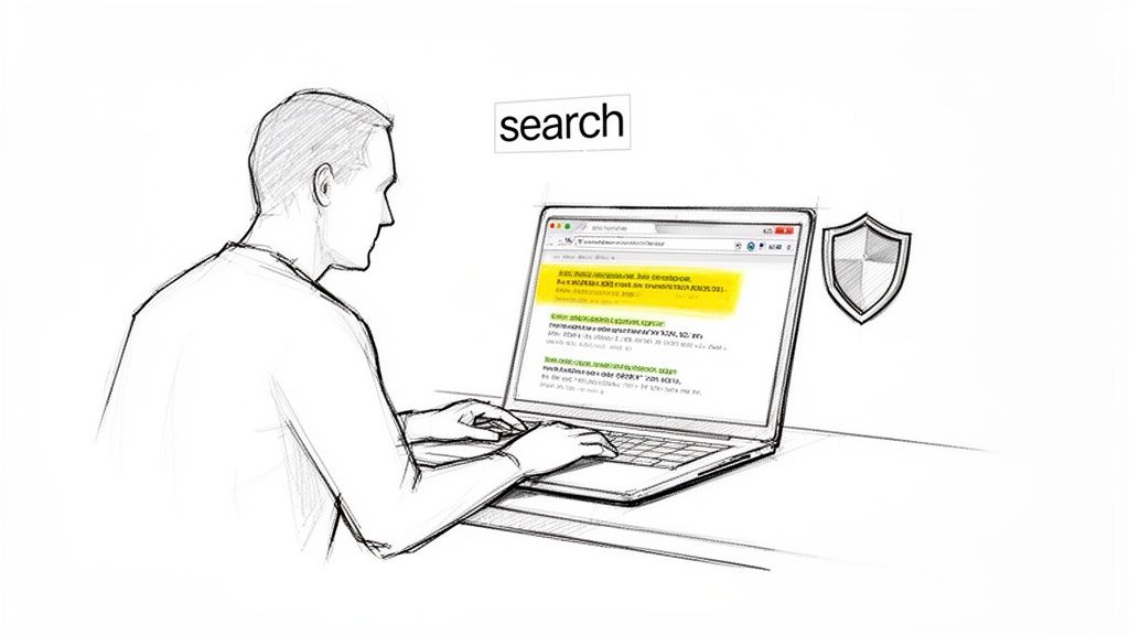 Sketch of a person searching on a laptop, displaying highlighted results and a security shield icon.