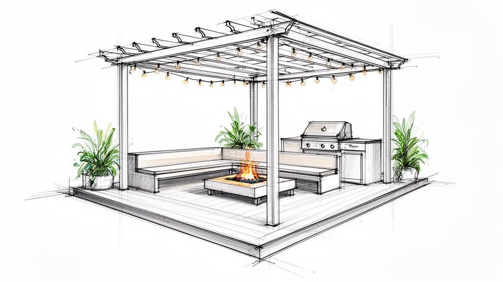 Detailed sketch of an inviting outdoor patio with a pergola, fire pit, comfortable seating, and a grill.