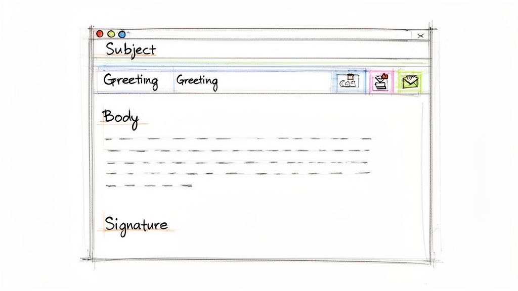 A hand-drawn sketch of an email interface, detailing subject, greeting, body, and signature fields.