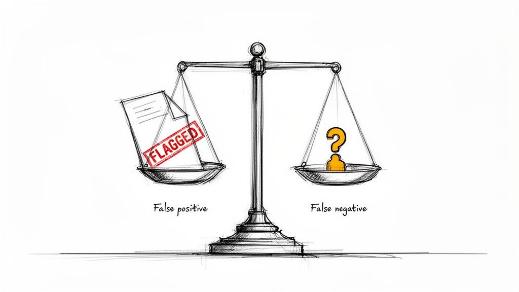 A balance scale comparing a 'flagged' document (false positive) and a question mark icon (false negative).