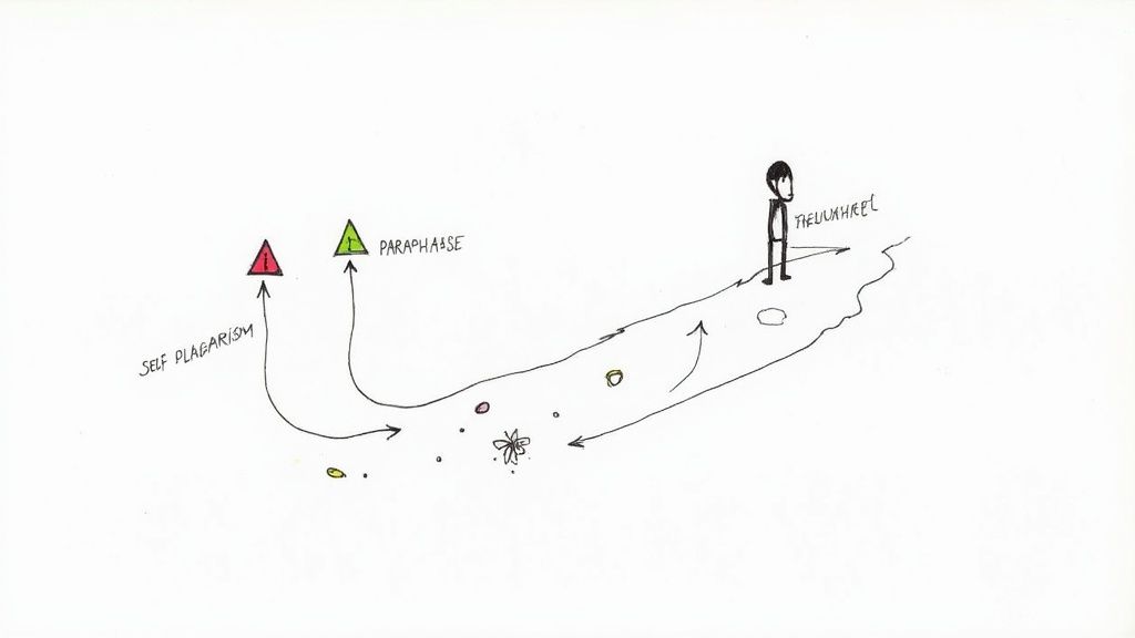 Diagram showing self-plagiarism and paraphrase paths leading from original work to the summit of academic integrity