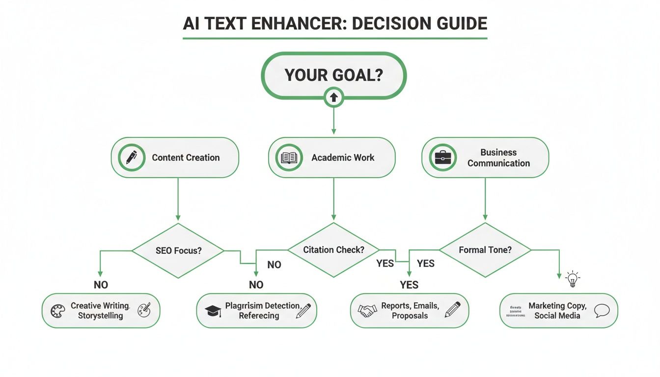 AI text enhancer decision guide flowchart showing paths for content creation, academic work, and business communication.