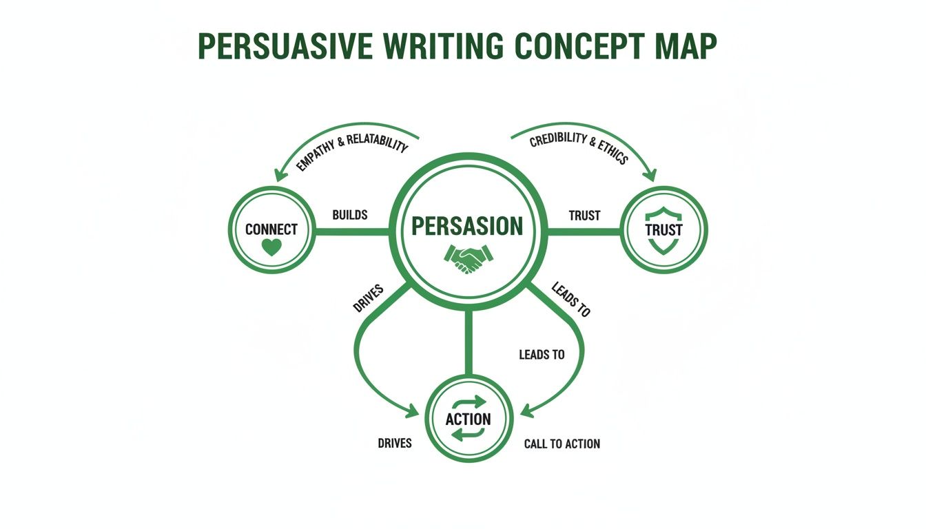A concept map outlining persuasive writing, linking persuasion to connect, trust, and action through various factors.