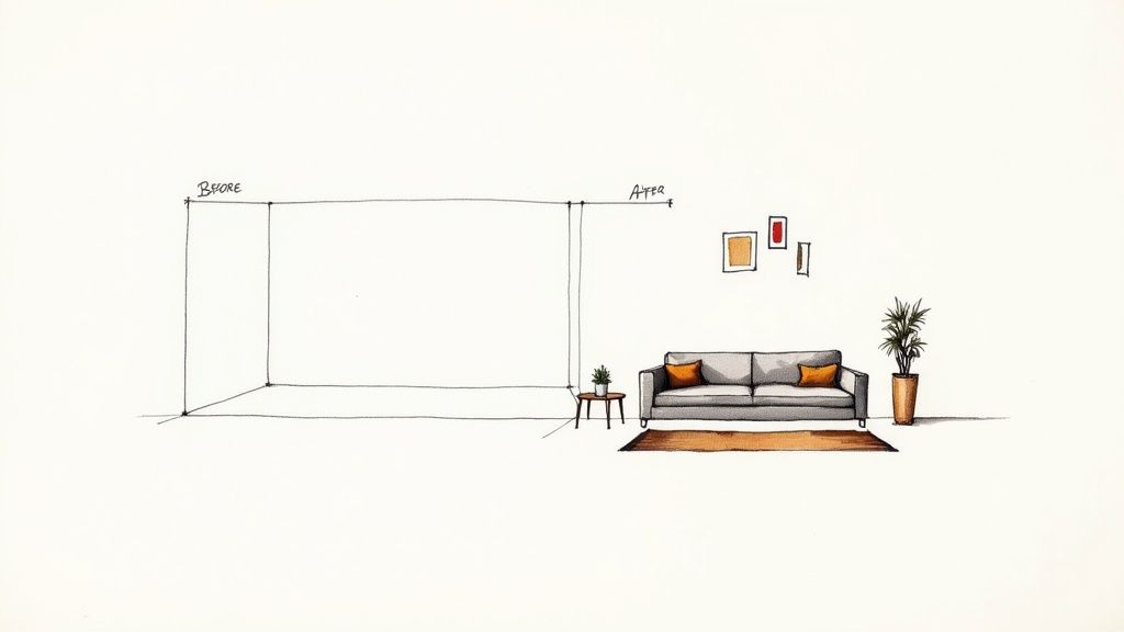 A sketch showing an empty room transforming into a furnished living space with a sofa, plants, and wall decor.