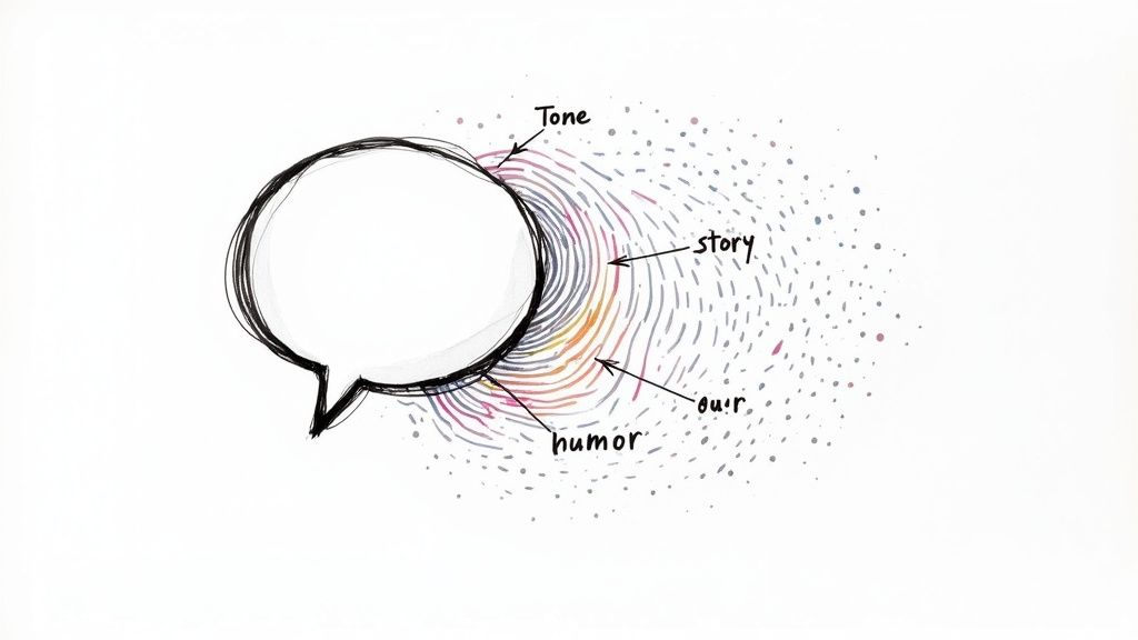 A person working on a creative mood board with different brand elements, symbolizing the process of finding an authentic brand voice.