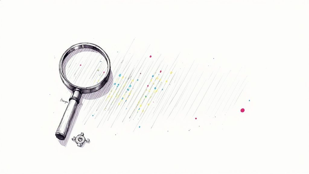 A hand-drawn illustration of a magnifying glass observing colorful dots and diagonal lines, symbolizing analysis.