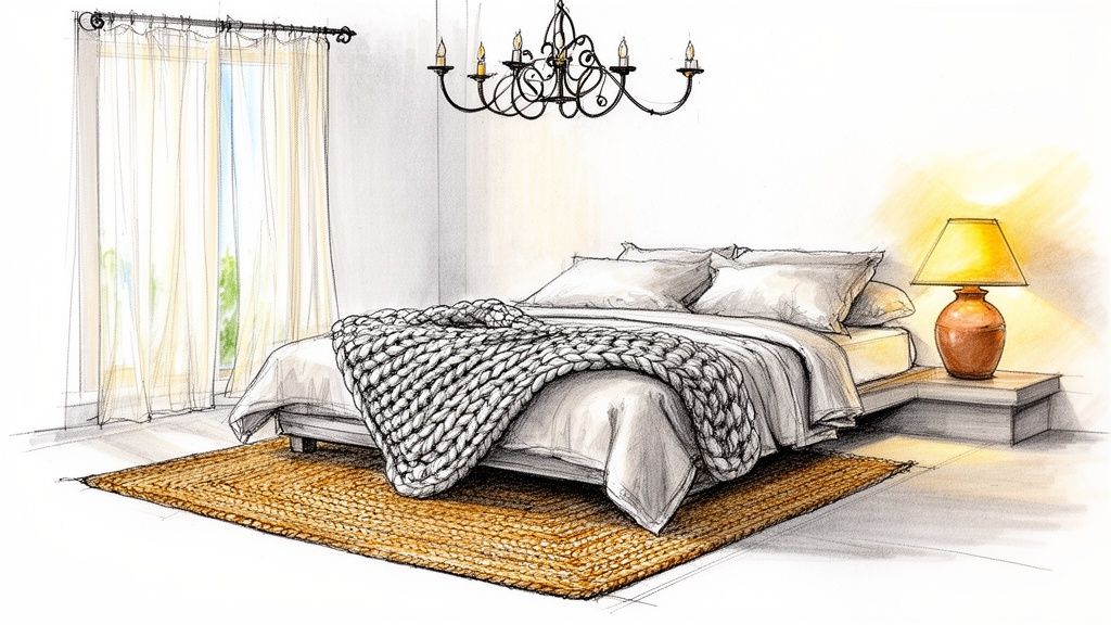 Hand-drawn sketch of a cozy bedroom with a bed, chunky knit blanket, woven rug, and chandelier.