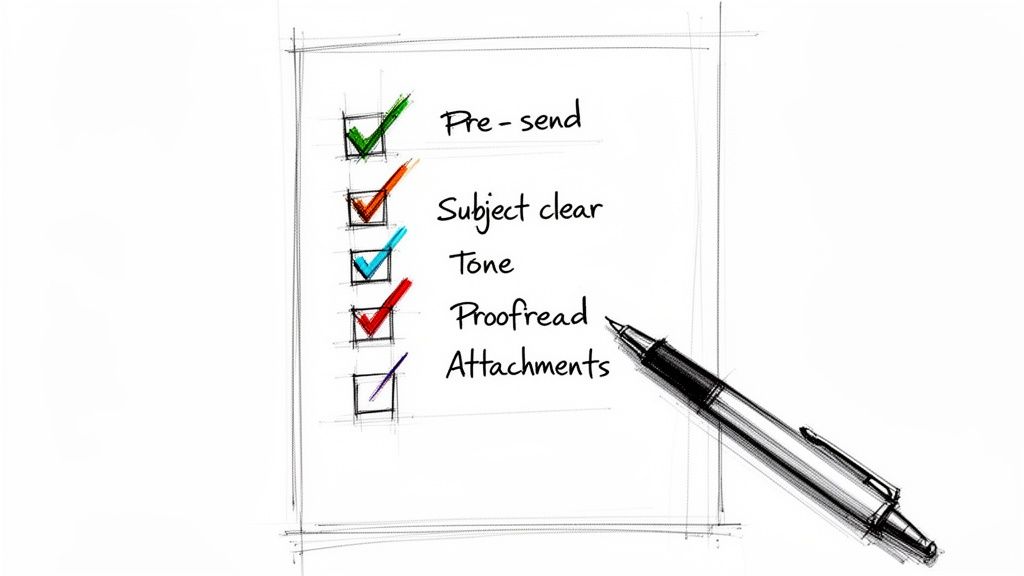 A handwritten checklist for good email etiquette, including pre-send, subject, tone, proofread, and attachments, with a pen.