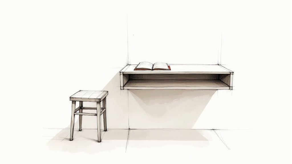 A minimalist sketch illustrating a floating wall shelf with an open book and a small wooden stool.