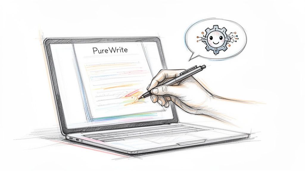 Sketch of a hand writing on a laptop screen with 'PureWrite', assisted by a smiling AI gear.