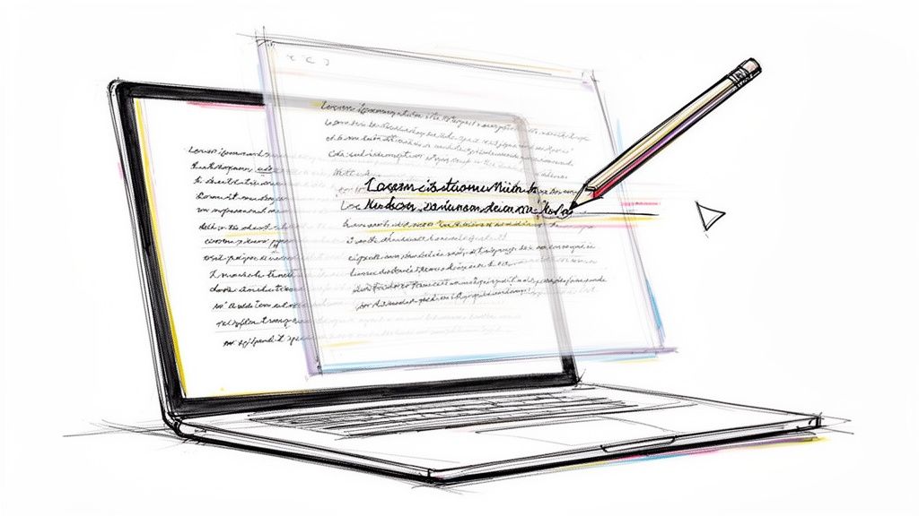 Digital illustration of a laptop, an editable document, and a pencil, signifying the writing process.