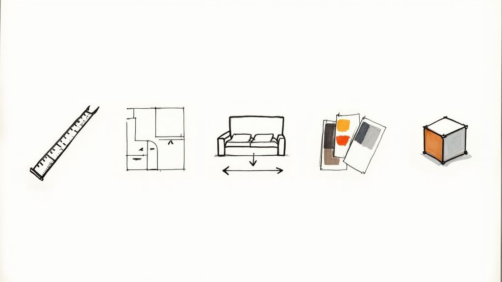 Sketches illustrating the home design process: a ruler, floor plan, sofa, color swatches, and a 3D cube.