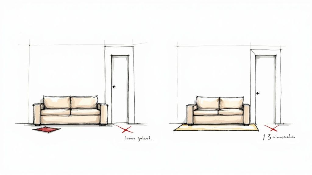 Two sketches comparing small and large rug placement with a sofa and door, illustrating space optimization.
