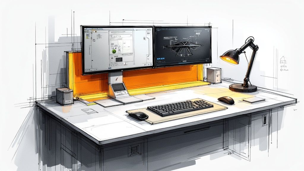Detailed sketch of a modern office desk with dual monitors displaying design software, keyboard, mouse, and lamp.