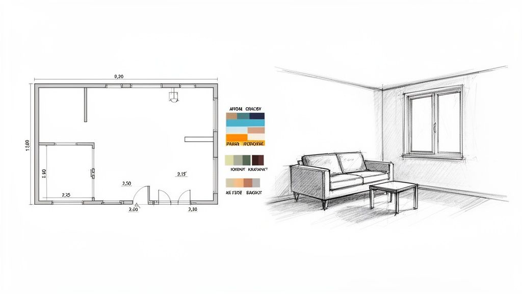 Architectural plan with dimensions, color palettes, and a detailed sketch of an interior living room.