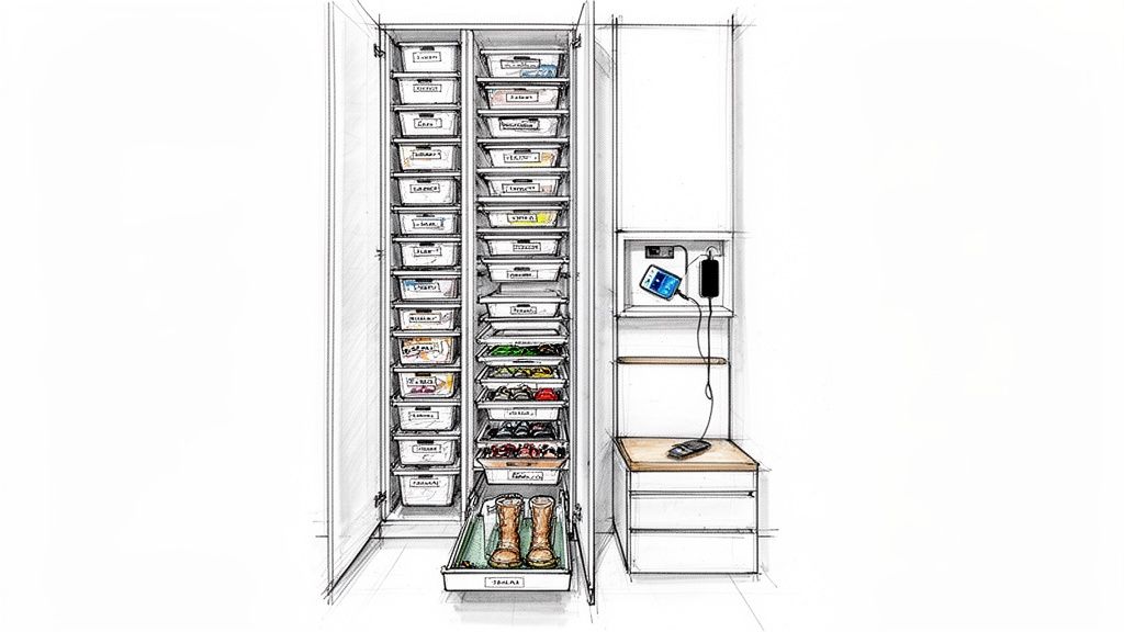 A detailed sketch of an organized mudroom closet with labeled bins, a charging station, and boot storage.